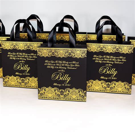 25 Elegant Black And Gold Birthday Party Favor Bags With Your Name Personalized 50th Birthday