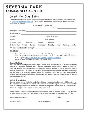 Fillable Online Private Swim Lessons Request Application Fax Email