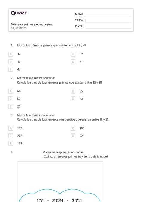 50 Números primos y compuestos hojas de trabajo para Grado 7 en