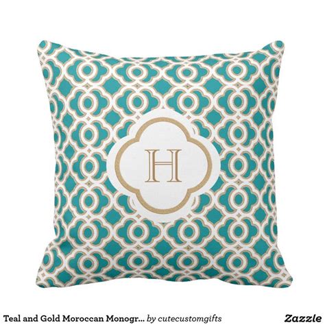 Teal and Gold Moroccan Monogram Throw Pillow | Zazzle | Monogram throw ...