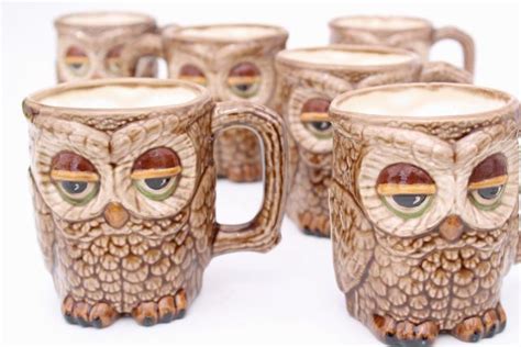 70s 80s Vintage Owl Tree Mug Rack W Handmade Ceramic Owls Mugs Or