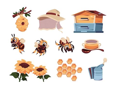 Premium Vector Honey Bee Cartoon Cute Insect Mascot With Hive Apiary