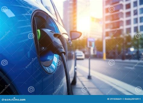 Close Up Of The Power Supply Plugged Into An Electric Car Being Charged