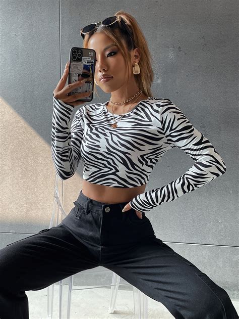 Shein Coolane Zebra Stripe Print Crop Tee Shein Uk