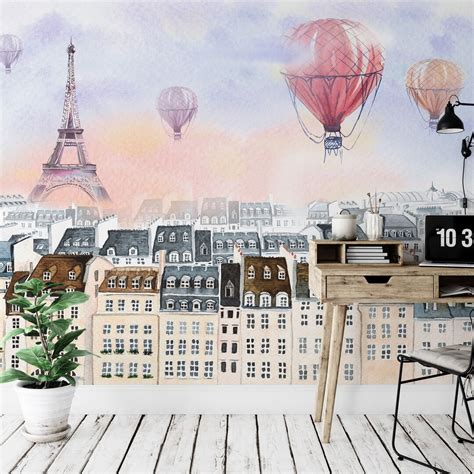 Paris With Hot Air Balloon Mural Wallpaper 29wallart Etsy