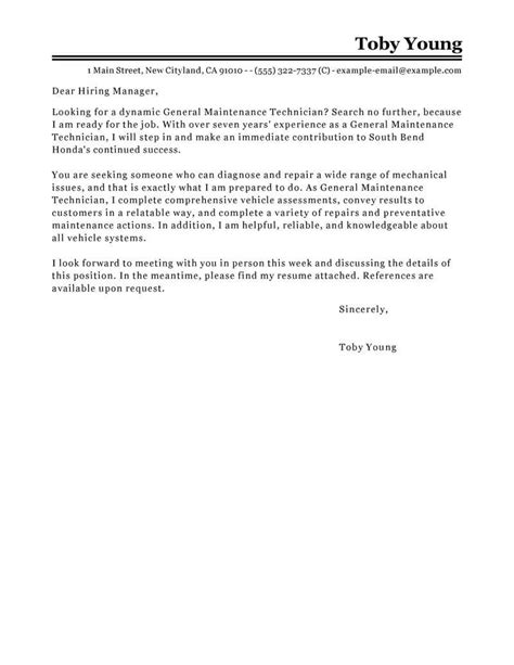 Best General Maintenance Technician Cover Letter Examples Livecareer