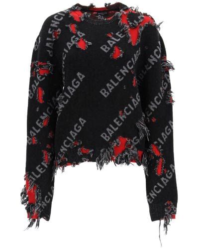 Balenciaga Wool Unifit Destroyed Sweater In Grey Black Red Black Lyst