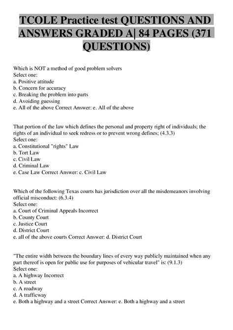 Tcole Practice Test Questions And Answers Graded A Pages