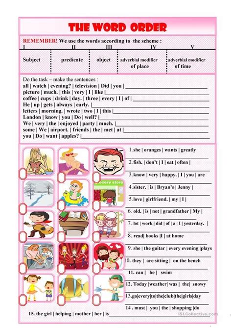 The Word Order Worksheet Is Shown In Pink And White With Pictures On It