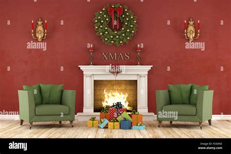 Retro Christmas Interior With Two Green Armchair And Present And