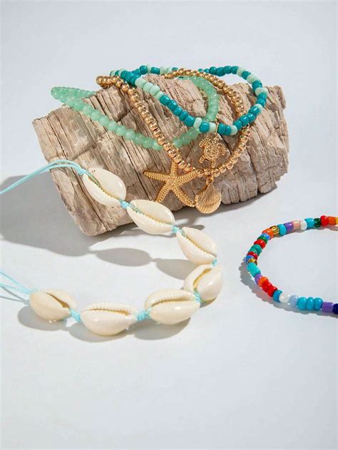 Pcs Bohemian Style Resin Beaded Braided Anklet Set With Shells