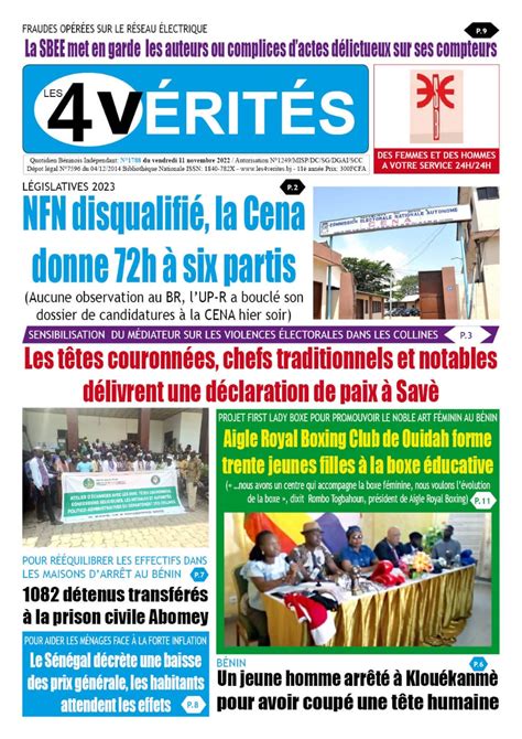 La Une du journal Les 4 Vérités du vendredi 11 novembre 2022 Les 4