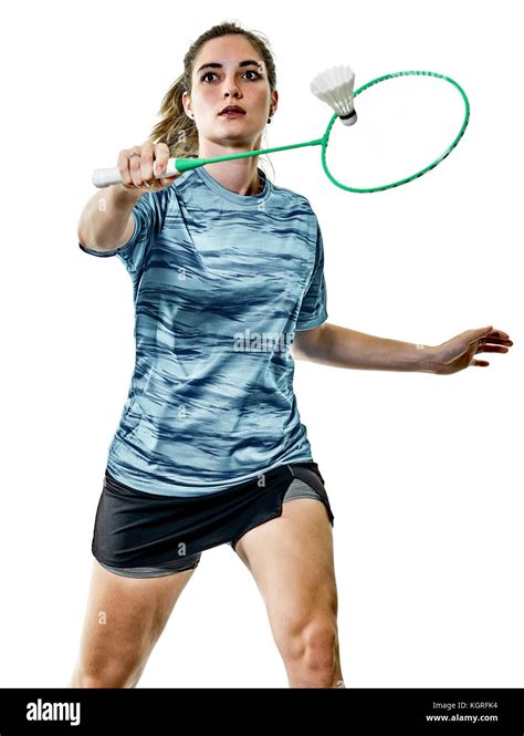 One Caucasian Young Teenager Girl Woman Playing Badminton Player