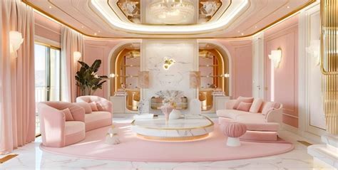 A Pink Living Room With Marble Floors And Gold Accents Premium Ai