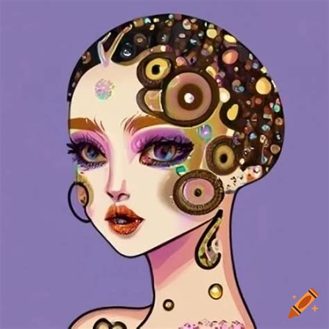 Whimsical Face Doll In Aquatint Klimt And Kuba Styles With Iridescent