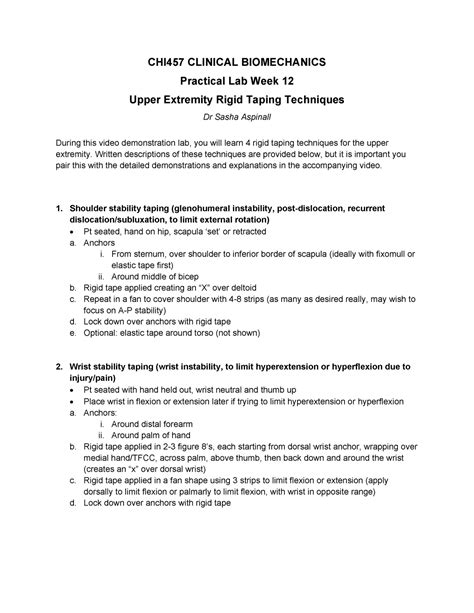 Wk 12 Upper Extremity Rigid Taping CHI457 CLINICAL BIOMECHANICS