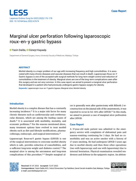 Pdf Marginal Ulcer Perforation Following Laparoscopic Roux En Y