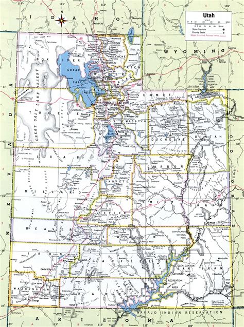 Map of Utah showing county with cities and road highways