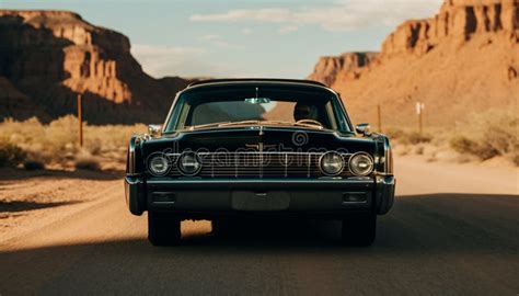 The Car Is Driving Down The Dirt Road Near A Mountain Stock