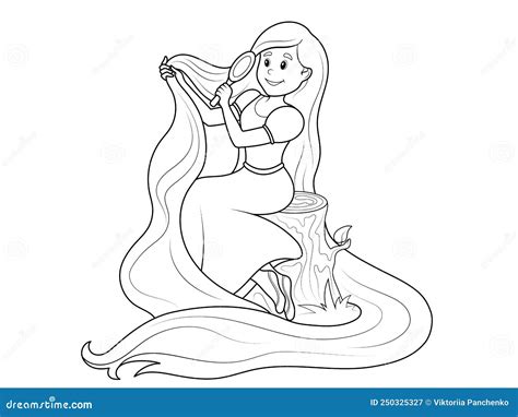 Girl with Long Hair. Rapunzel Combs Her Hair. Children Coloring Book, Vector. Stock Vector ...