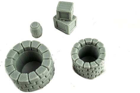 War World Gaming Fantasy Village Set Of Wells Crates Barrels Mm