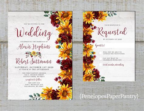 Rustic Sunflower Wedding Invitation Sunflowers Burgundy Roses Greenery White Barn Wood Shabby