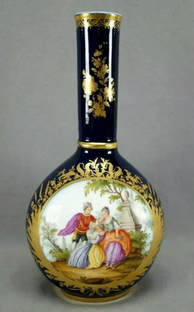 DRESDEN WOLFSOHN HAND Painted Watteau Scene Cobalt Gold 12 Inch Vase