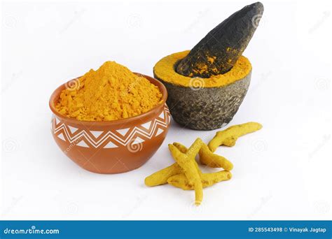 Dry Turmeric Powder Curcuma Longa Linn Stone Mortar Stock Photo