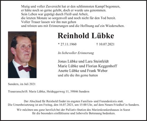 Traueranzeigen von Reinhold Lübke Trauer in NRW de