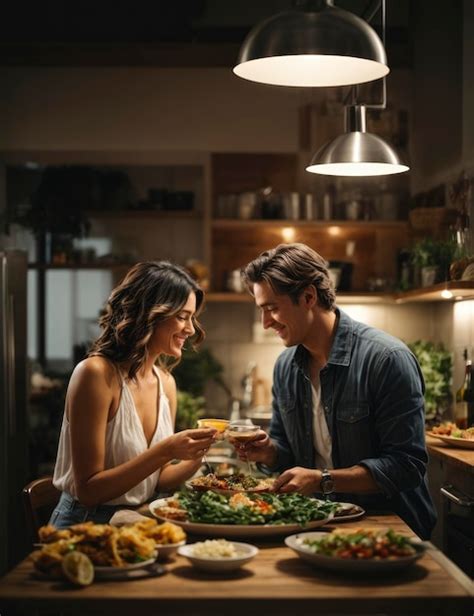 Un Hombre Y Una Mujer Sentados En Una Mesa Comiendo Juntos En Una