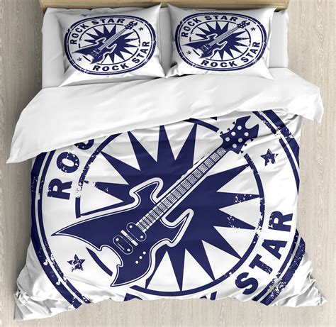 Rock Music Duvet Cover Set Queen Size Vintage Logo Design Guitar And