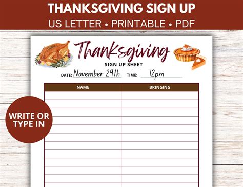 Thanksgiving Sign up Sheet Template, Friends Thanksgiving Party, Family