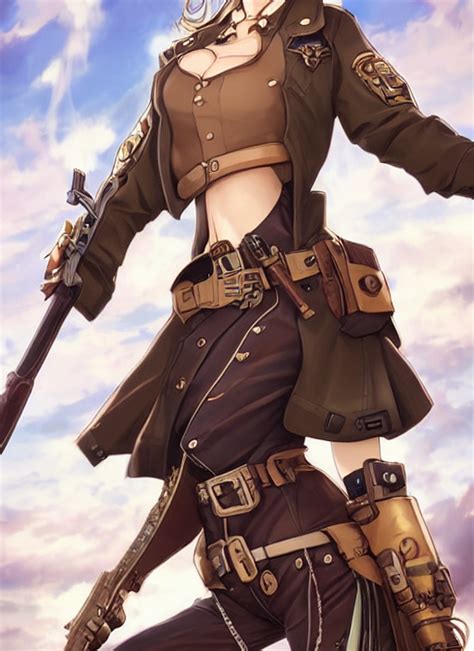 Krea Ai Girl With Steampunk Weapons And Uniform Serious