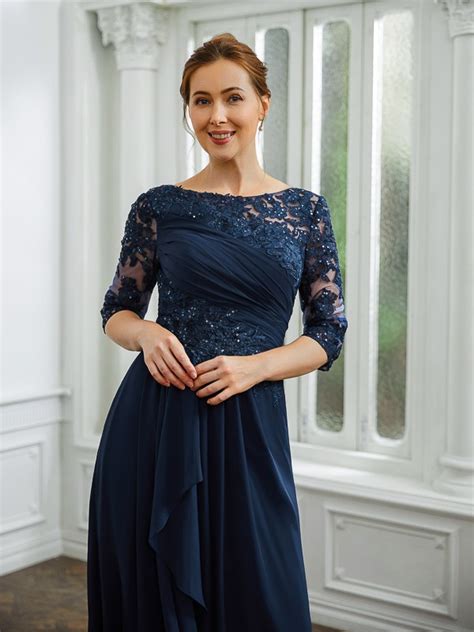 A Line Princess Chiffon Applique Bateau Sleeves Floor Length Mother