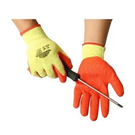 Unisex Yellow Cotton Shell With Orange Crinkle Latex Palm Coated Gloves