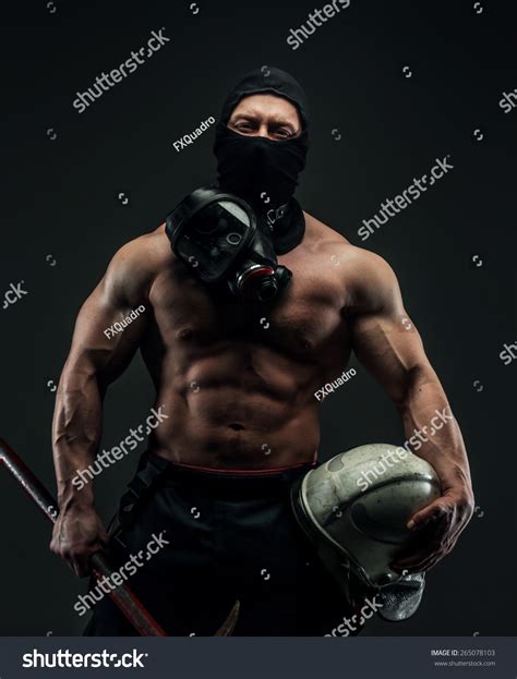 Muscular Firefighter Naked Torso On Grey Stock Photo