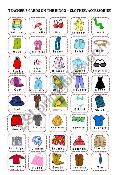 Bingo Clothes And Accessories Teachers Cards ESL Worksheet By