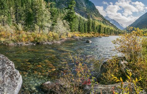 Mountain lake on an autumn day, wooded shores Stock Photo | Adobe Stock