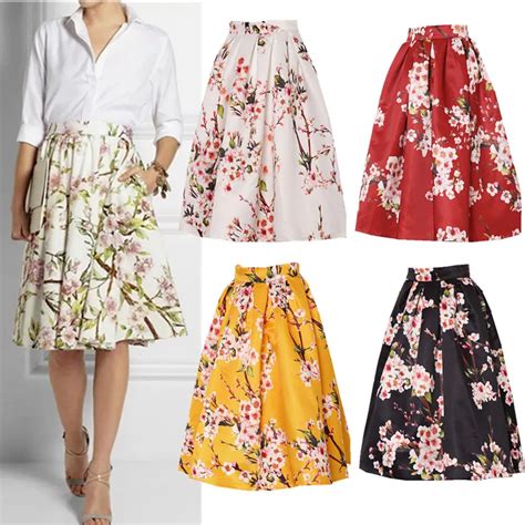 Hot Sale Womens Retro Vintage Hepburn Style Peach Floral Print Pleated Midi Skirt High Waist