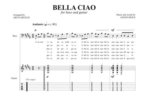 Bella Ciao Arr Art O Artaud By Anonymous Sheet Music For Easy Guitar