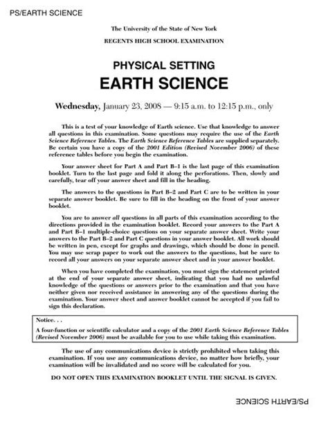 Physical Setting Earth Science Examination