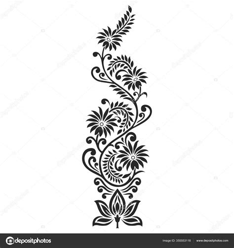 Traditional Asian Black White Floral Motif Design White Background ...