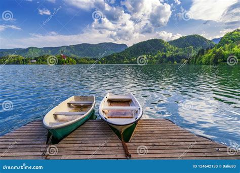 Iconic Bled Scenery Traditional Wooden Boats Pletna At Lake Bled