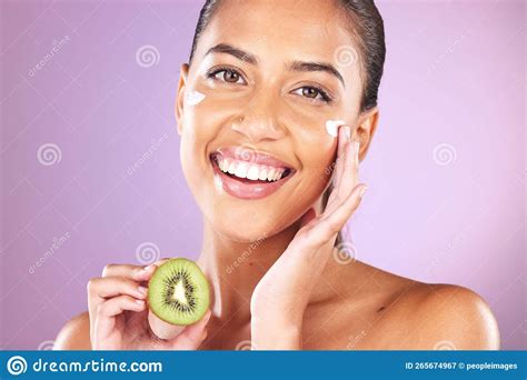 Cream Kiwi And Skincare Woman In Studio Portrait For Facial Beauty