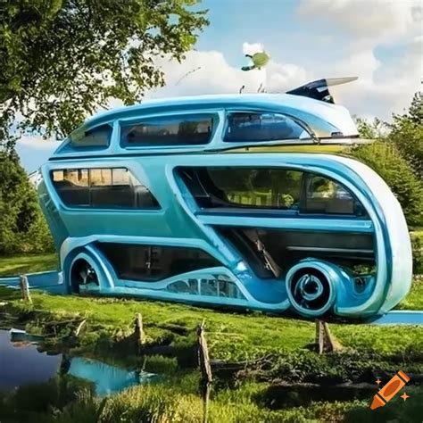 Image Of A Futuristic Double Decker Bus With A Hobbit House Design On