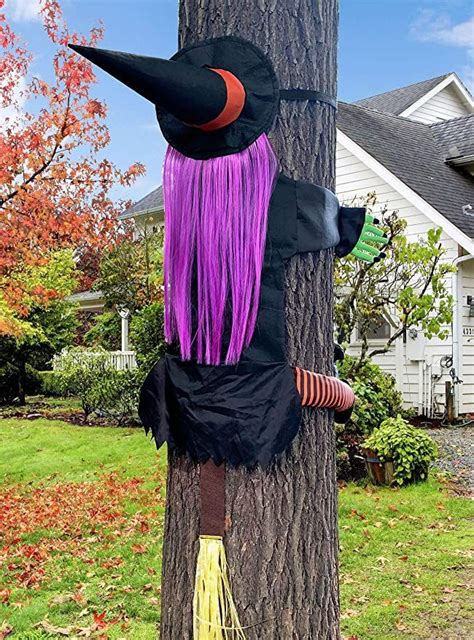 Life Size Witch Crashing Into Tree Door Column Outdoor Halloween De