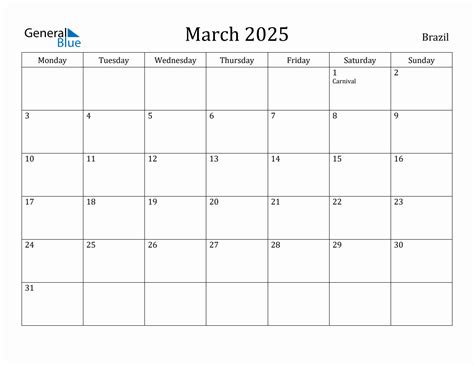 March 2025 - Brazil Monthly Calendar with Holidays