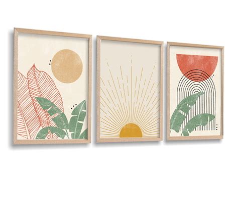 Kit 3 quadro decorativo decoração boho raios de sol amarelo