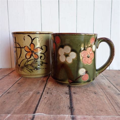 Vintage Stoneware Mug Set Of Green And Tan With Green With Orange