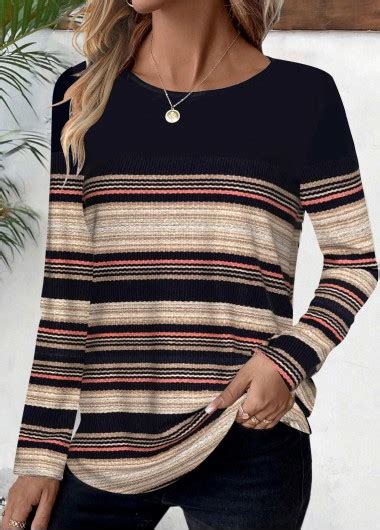 Black Striped Long Sleeve Round Neck T Shirt Modlily USD 31 98